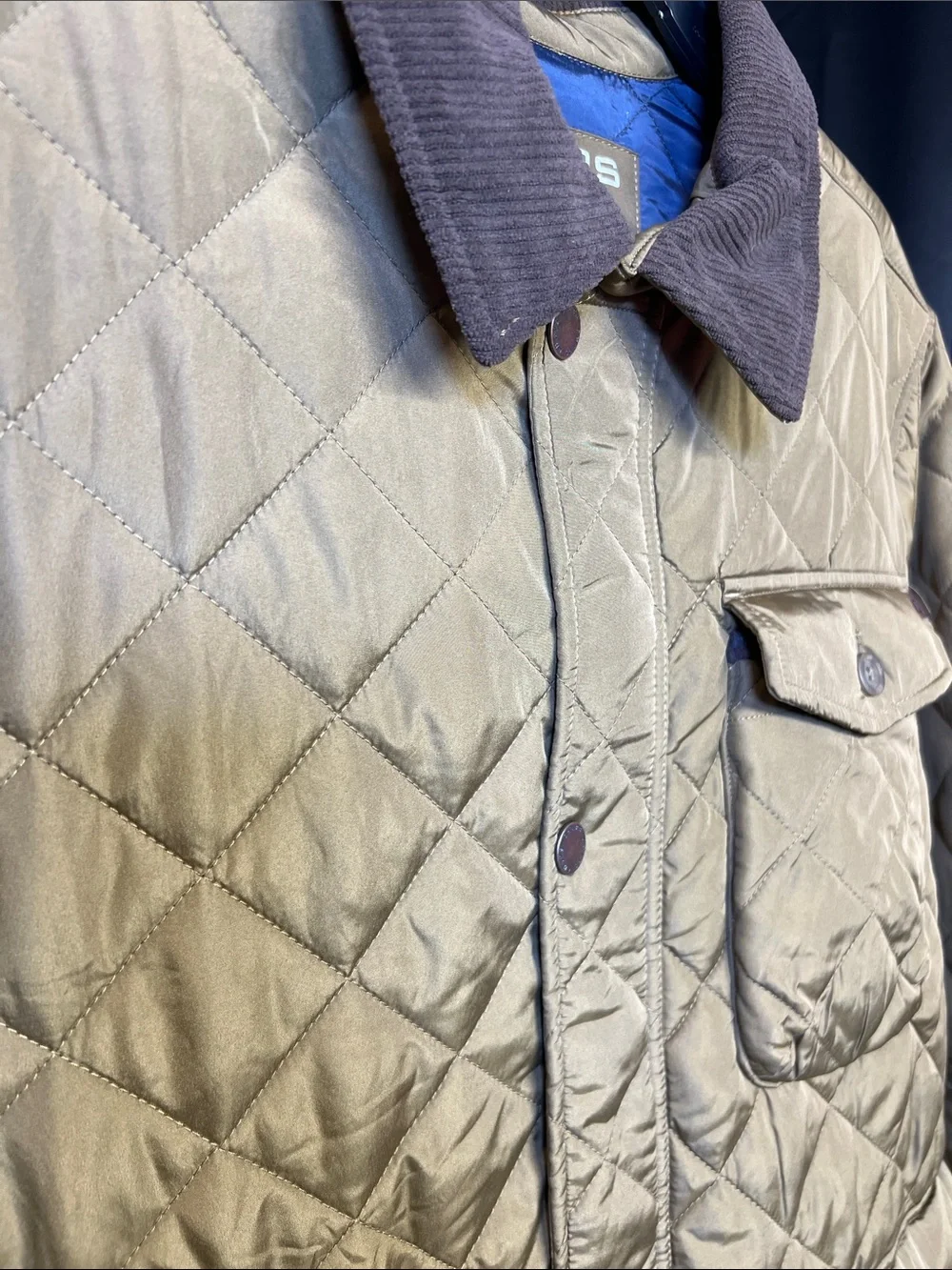 Chaps Quilted Olive Jacket with Brown Corduroy Collar